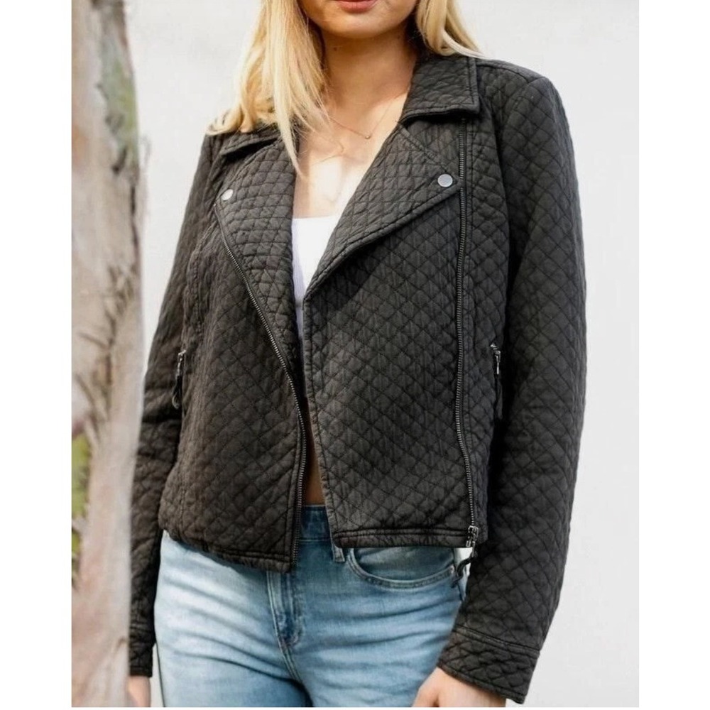 Anthropologie Marrakech Quilted Moto Jacket Charcoal Gray Sz M  Zip Collar Snap